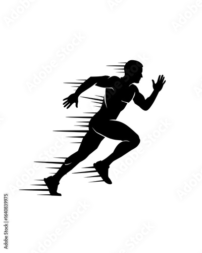A dynamic black-and-white illustration of a runner in full motion, with speed lines emphasizing rapid movement. Represents athleticism, speed, and sports performance.