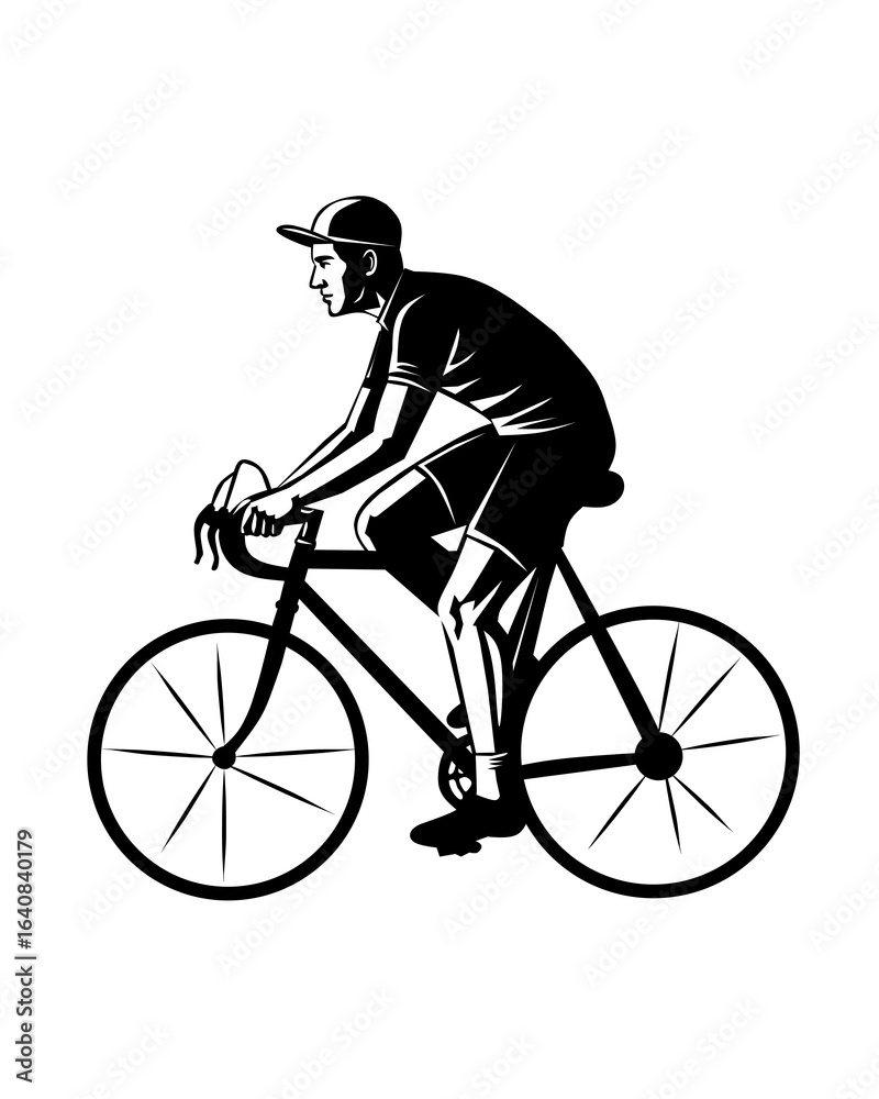 Obraz premium A black-and-white illustration of a cyclist riding a bike. Represents cycling, sports, active lifestyle, and fitness in a classic, dynamic design.