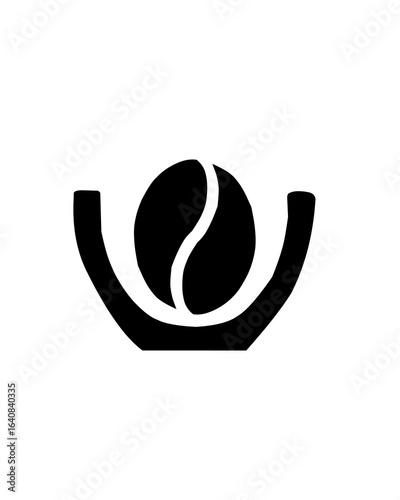 A minimalist black-and-white illustration of a coffee bean resting in a holder. Represents coffee culture, brewing, and the art of coffee making.