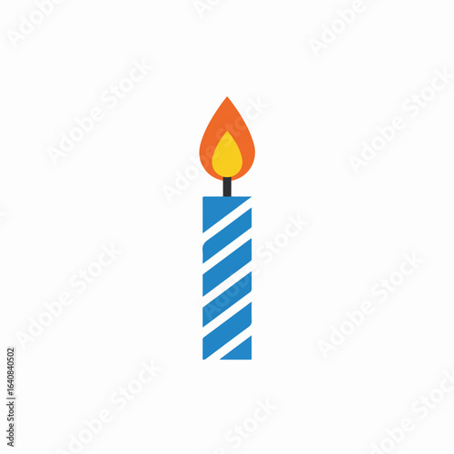 Simple Blue Striped Birthday Candle with Burning Flame Icon Isolated on White Background