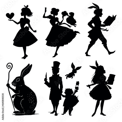 alice in wonderland silhouette set art, Black & White silhouette set