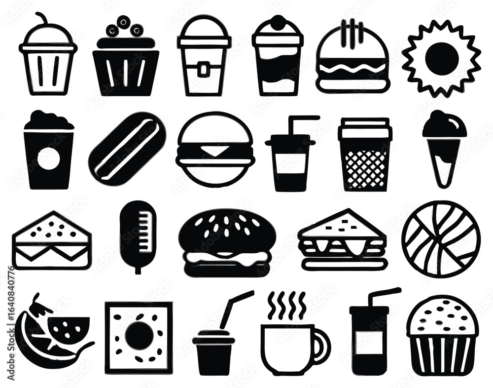 A collection of silhouette icons representing various food and beverage items such as burger, coffee cup, fries, chicken drumstick, juice, sandwich, pizza, ice cream, and utensils. These icons are id A collection of silhouette icons representing various food and beverage items such as burger, coffee cup, fries, chicken drumstick, juice, sandwich, pizza, ice cream, and utensils. These icons are id