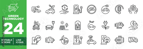 Green Technology set of web icons in line style. Exclusive green technology linear icon collection. Containing station, solar, truck, car, engine, factory, battery, plug and more. Editable stroke