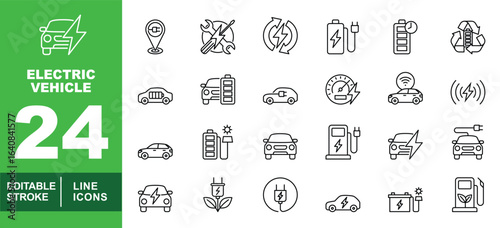 Electric Vehicle set of web icons in line style. Exclusive electric vehicle linear icon collection. Containing pointer, mechanic, battery, car, speedometer, wireless, plug, and garage. Editable stroke