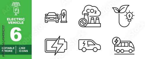 Electric Vehicle set of web icons in line style. Exclusive electric vehicle linear icon collection. Containing solar, factory, leaf, battery, van, bus and more. Editable stroke