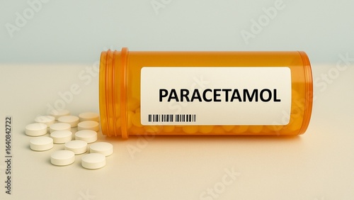 Photos PARACETAMOL tablets box placed on hospital pharmacy counter, used to relieve pai
