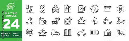 Electric Vehicle set of web icons in line style. Exclusive electric vehicle linear icon collection. Containing parking, pointer, charge, station, battery, flower, house, plug and more. Editable stroke