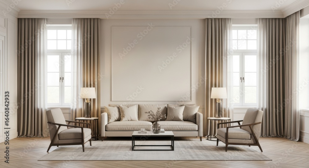 Fototapeta premium Elegant living room with comfortable sofa and armchairs