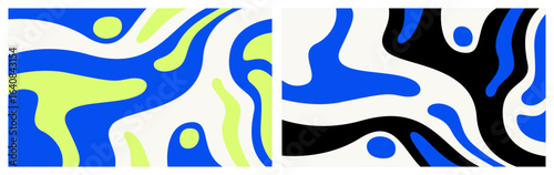 Set of two modern abstract backgrounds with colorful organic fluid shapes. Collection of groovy and playful patterns with colorful fluid blobs