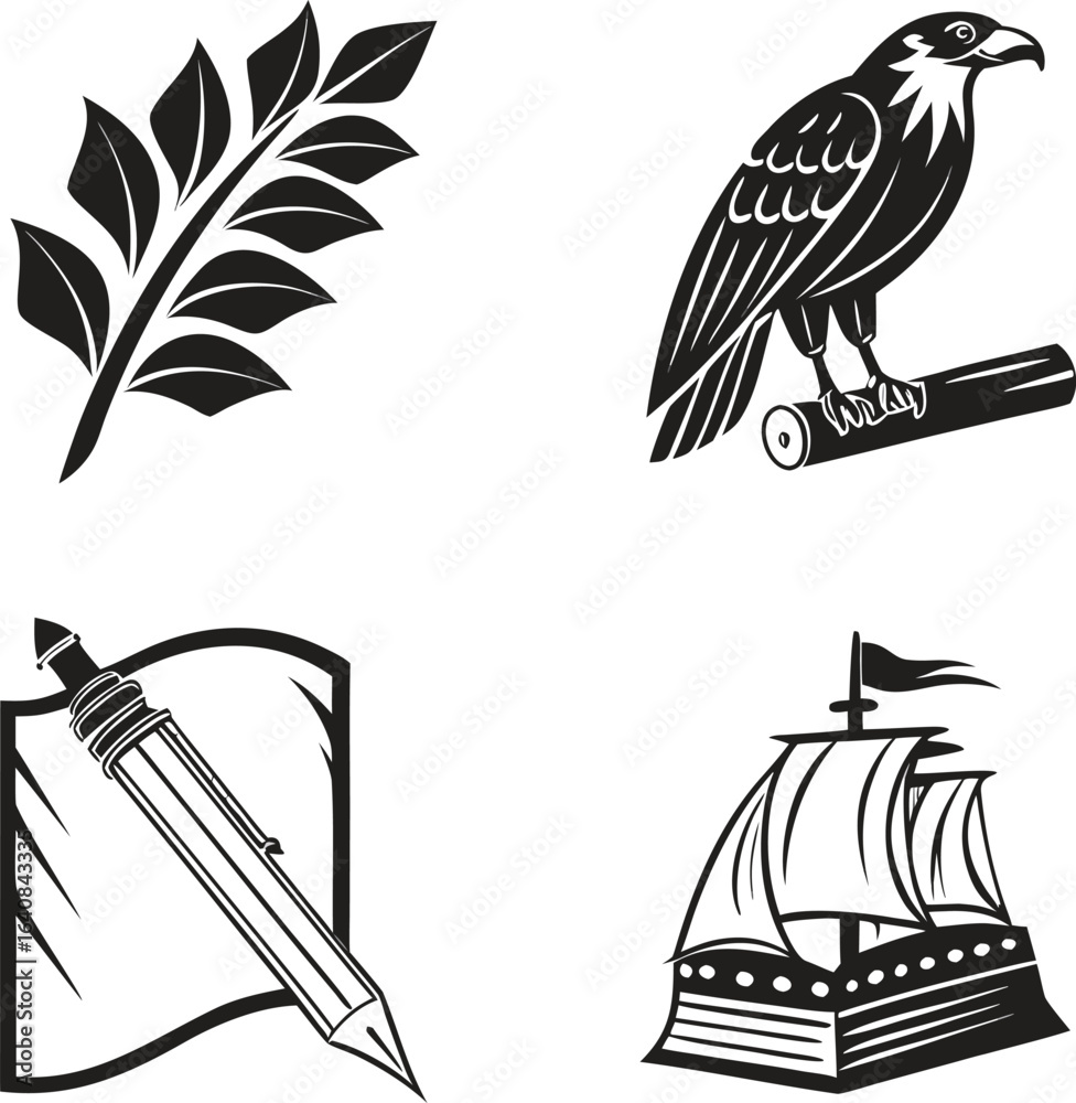 Naklejka premium Bird Silhouette Icon Collection, Eagle on a Branch, Hen and Rooster Vector Set, Farm and Wildlife Bird Illustrations, Black and White Poultry and Falcon Symbols