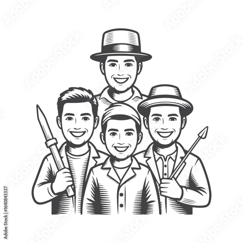 Group of men wearing hats and holding weapons knife
