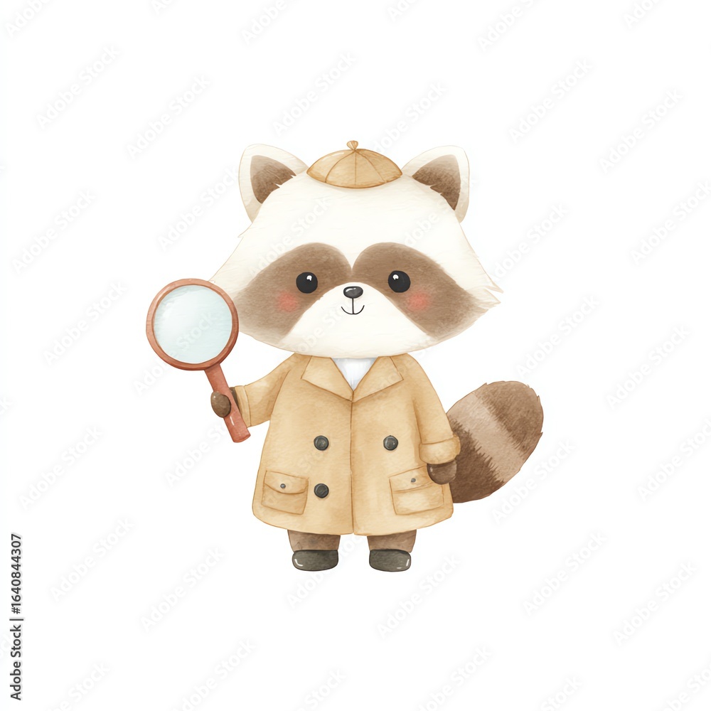 Fototapeta premium Cute Raccoon Detective with Magnifying Glass