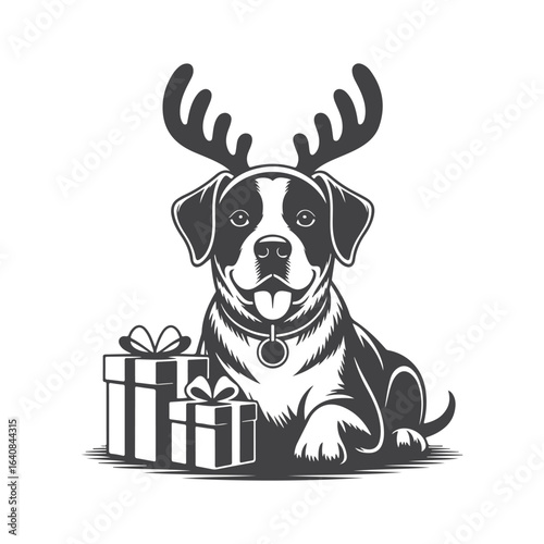 Dog with reindeer antlers and gifts presents