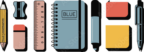 School Supplies Vector Illustration with Pencil, Sharpener, Ruler, Notebook, and Eraser