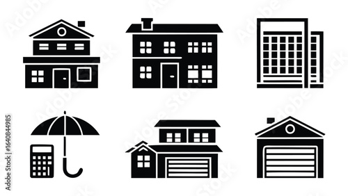 Illustration of various house styles with an umbrella and calculator in black and white design