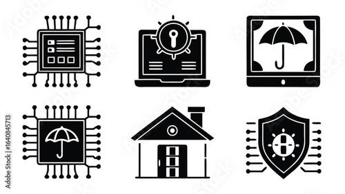 Collection of security icons featuring technology, home, and protection elements in black and white