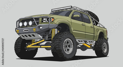 Modified olive green pickup truck illustration