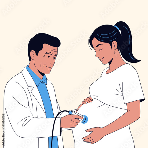 Doctor Performing Ultrasound on Pregnant Woman Medical Examination Illustration.