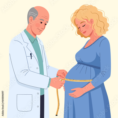 Doctor measuring pregnant womans belly with yellow tape measure in clinic.