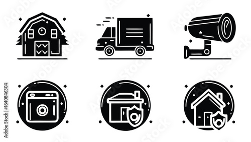 Illustration showing a barn, delivery truck, security camera, washing machine, and house with shield icons