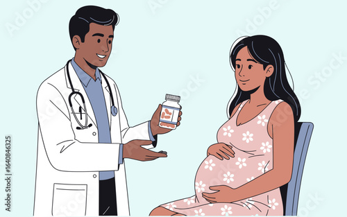 Smiling doctor offering medication to a pregnant woman in a floral dress.