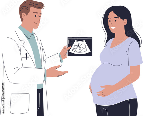 Smiling pregnant woman with doctor holding ultrasound image of fetus.