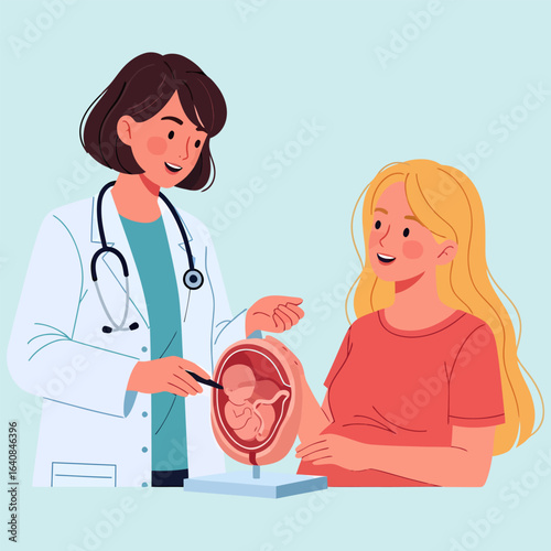 Doctor Explaining Fetal Development to Pregnant Woman with Model.