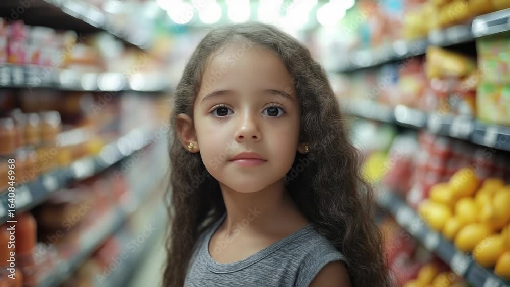 A young child shopping with her mother or father in a grocery store A young child shopping with her mother or father in a grocery store