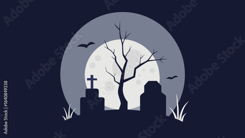 Moonlit Graveyard Scene with Tombstones Trees and Night Sky for Spooky Mysterious Themed Illustrations