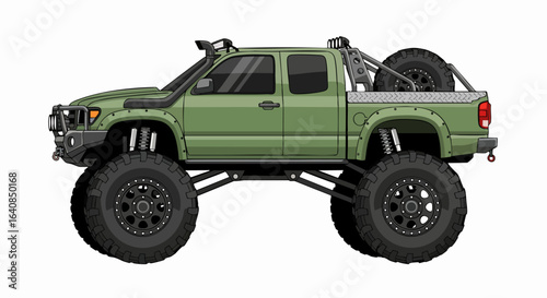 Olive green monster truck side view illustration
