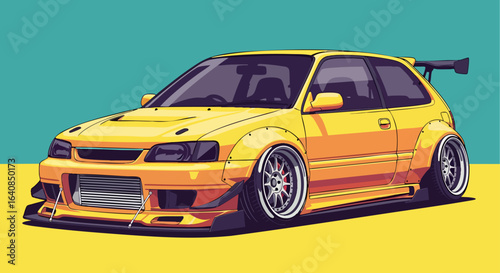 Colorful yellow modified hatchback car illustration