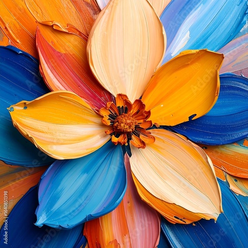  Textured abstract painting of a flower with thick, orange and blue paint strokes.