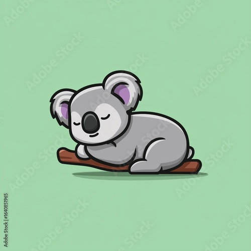 Cute sleeping koala vector icon in flat design with simple lines,soft grey fur, white belly, lying on one leg, adorable cartoon style for children, nature lovers, stickers, or logos.