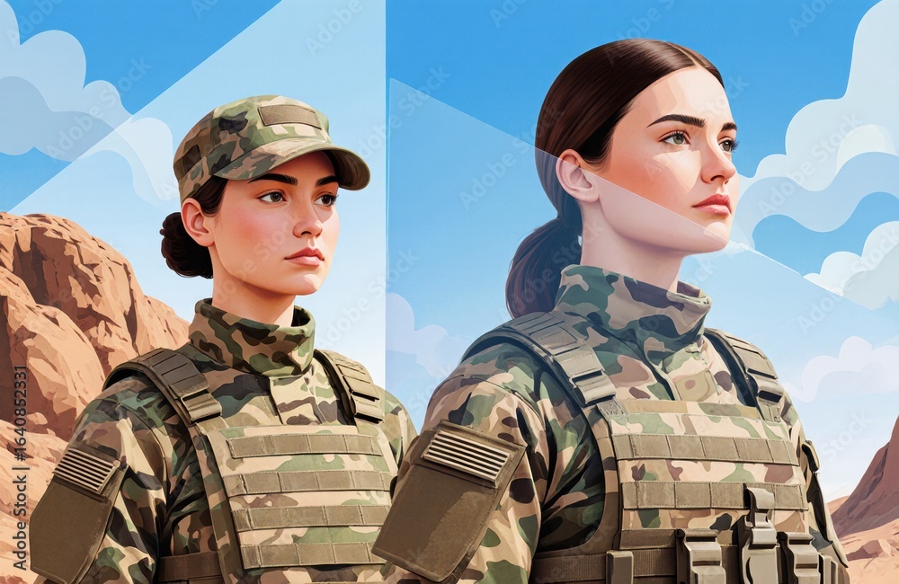 Fototapeta premium Woman in military uniform standing outdoors with rocky landscape and blue sky