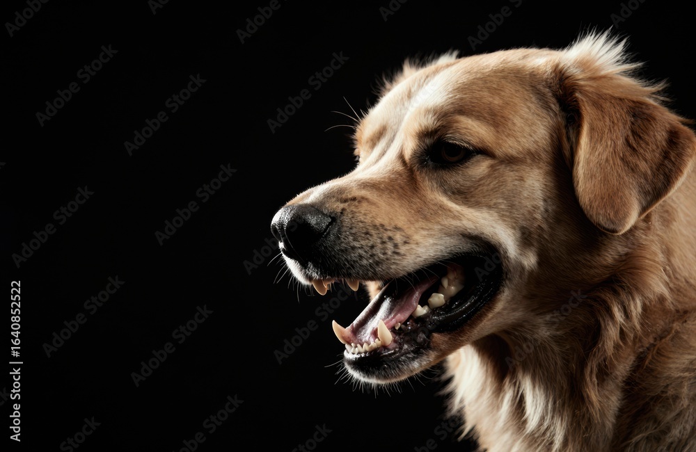 A happy dog with a golden coat looks to the side against a black background A happy dog with a golden coat looks to the side against a black background
