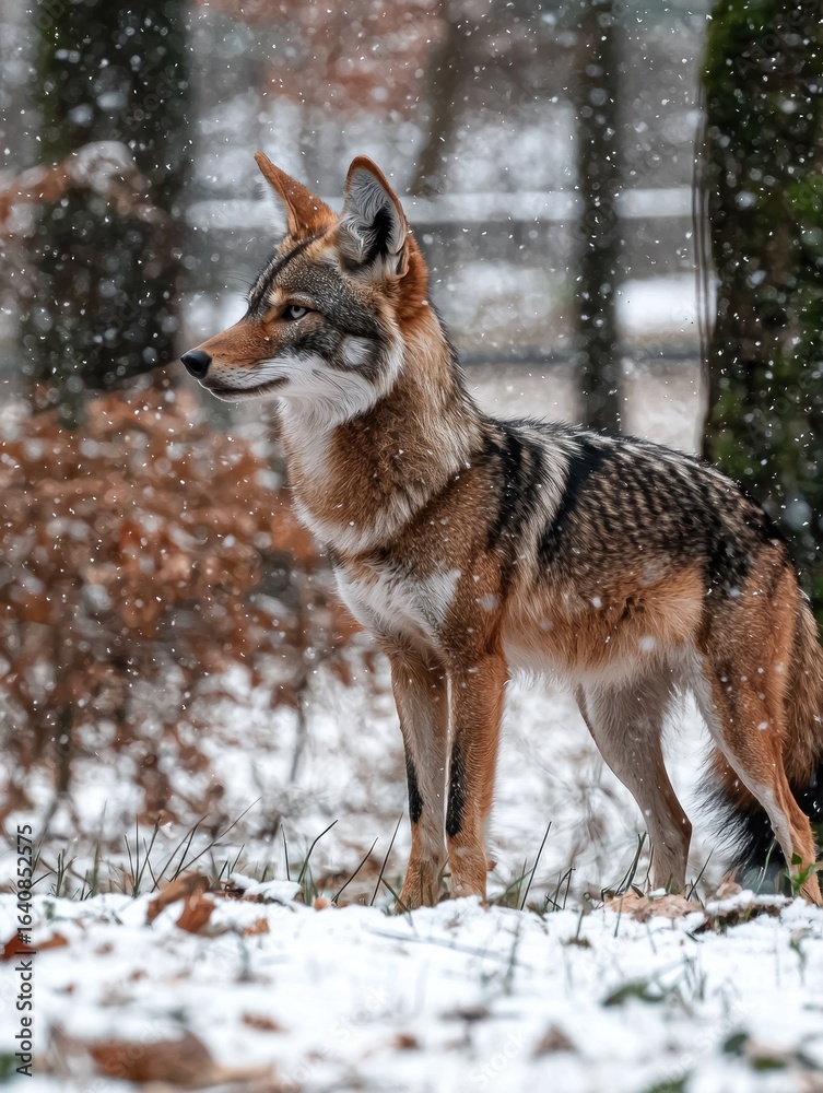 Fototapeta premium Coyote stands in snow, striped fur visible, looks to the left
