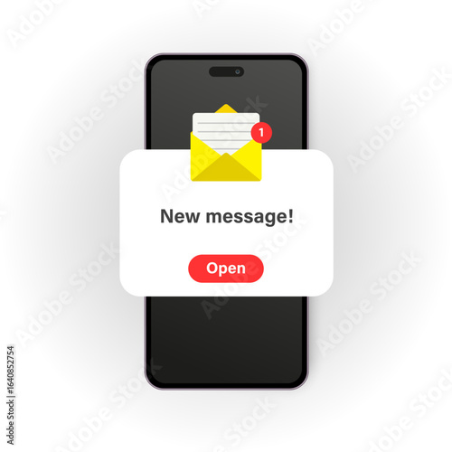 New message notification icon on smartphone screen. Vector mobile email or SMS alert concept for communication, marketing, or UI design mockup scenes