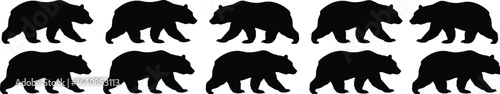 Collection of wild bear silhouettes, depicting different poses and movement, isolated on white background, flat vector illustration.