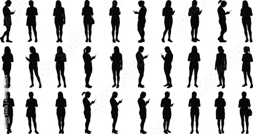 A collection of people silhouettes using mobile phones, a vector illustration representing social media, communication, and digital technology lifestyles.