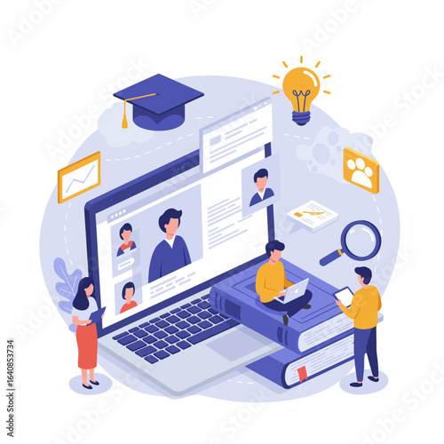 An isometric illustration showcases a vibrant online education concept with students engaging in virtual classes and digital learning through a large laptop.