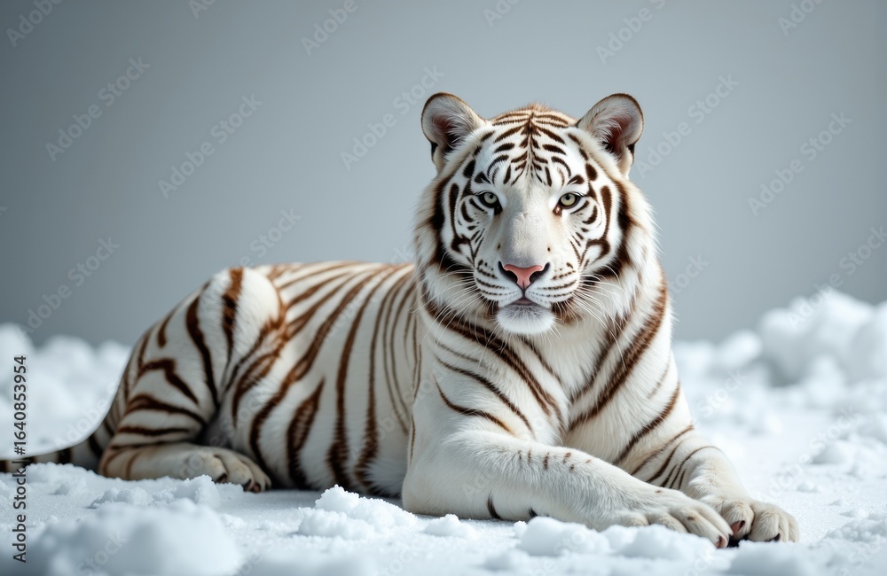 Fototapeta premium White tiger lying on snow in a winter setting with a neutral background