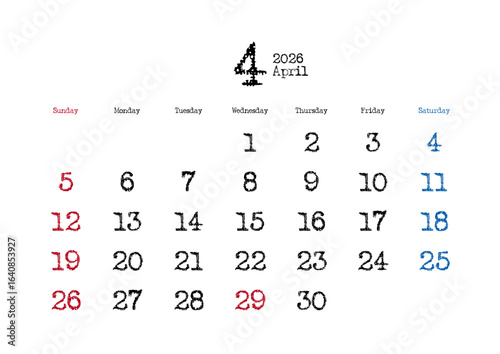 2026年4月のタイプライター文字カレンダー 日曜始まり
