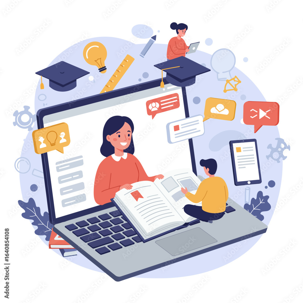 A vibrant illustration depicts a female teacher on a laptop screen guiding a student engaged in online learning with various educational icons. A vibrant illustration depicts a female teacher on a laptop screen guiding a student engaged in online learning with various educational icons.