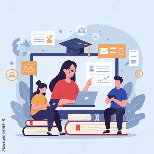 A vector illustration depicts an online learning platform with a teacher guiding students through digital content, fostering interactive education and skill development.