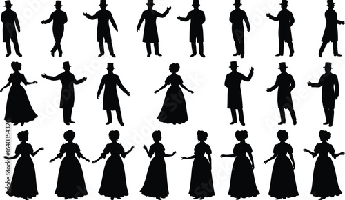 Collection of Victorian People Silhouettes, Set of Men and Women in Historical Clothing, Isolated on a White Background. Flat Vector Illustration, Cad Drawing.