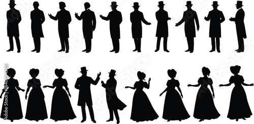 Collection of Victorian People Silhouettes, Set of Men and Women in Historical Clothing, Isolated on a White Background. Flat Vector Illustration, Cad Drawing.