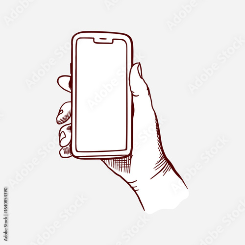 Hand holding cell phone vertically with screen on display. Hand drawn vector graphic clip art for use as icons, as well as for banners and flyers.