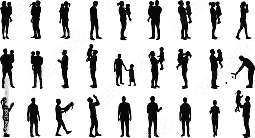 Collection of Family Silhouettes, Parents and Children in Various Poses, Isolated on White Background. Flat Vector Illustration, Cad Drawing.