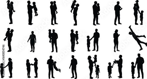 Collection of Family Silhouettes, Parents and Children in Various Poses, Isolated on White Background. Flat Vector Illustration, Cad Drawing.
