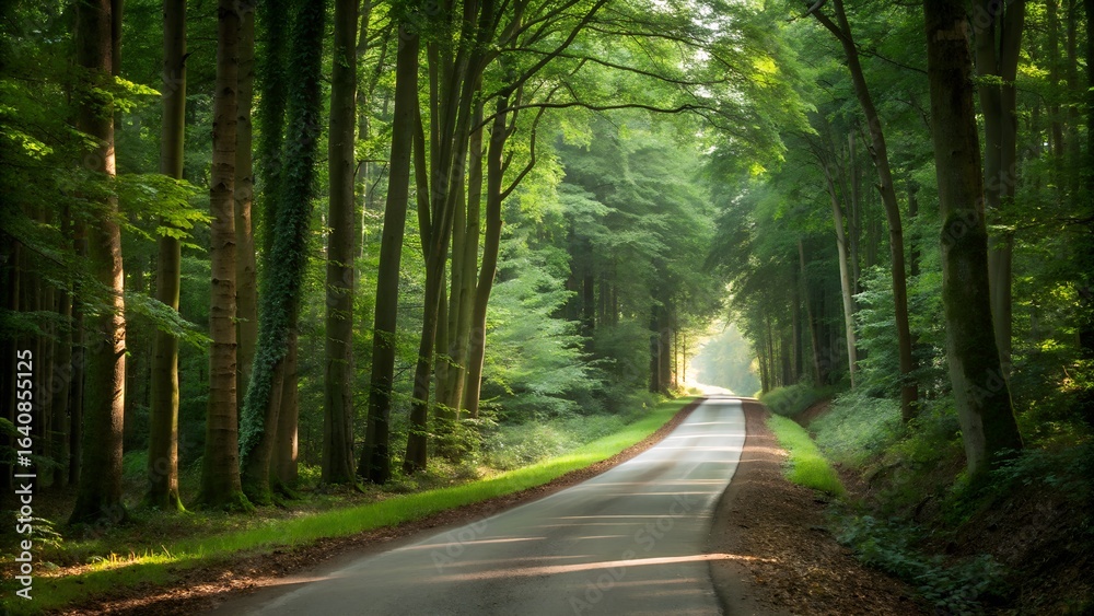 Obraz premium A scenic, winding country road with green trees and autumn leaves